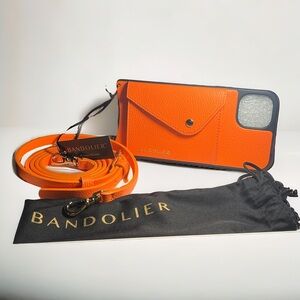 NWT-ORANGE AND GOLD PEBBLE LEATHER CROSSBODY PHONE STRAP IPHONE 14 PLUS